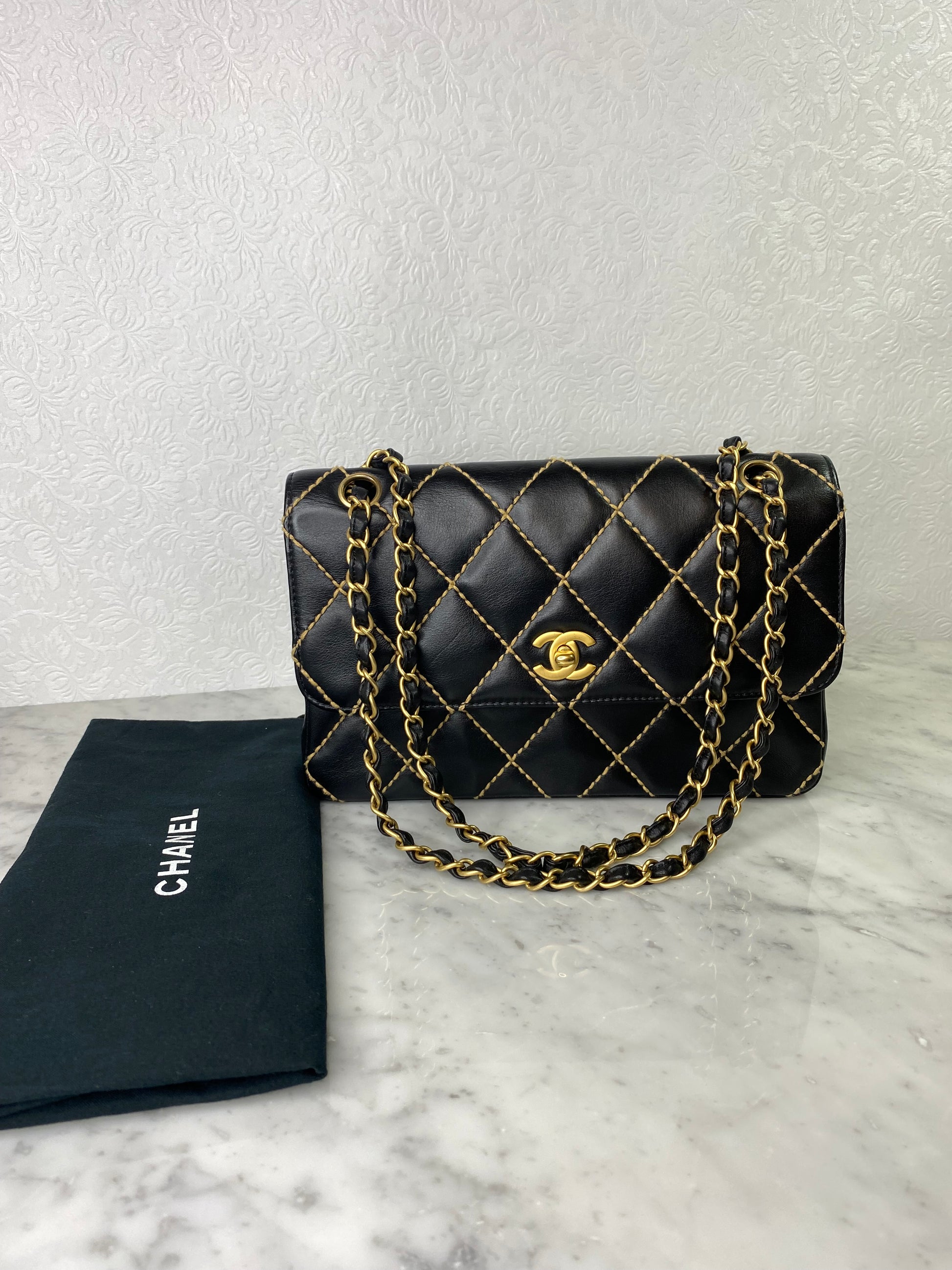 Chanel Calfskin Wild Stitch Flap Bag in Black