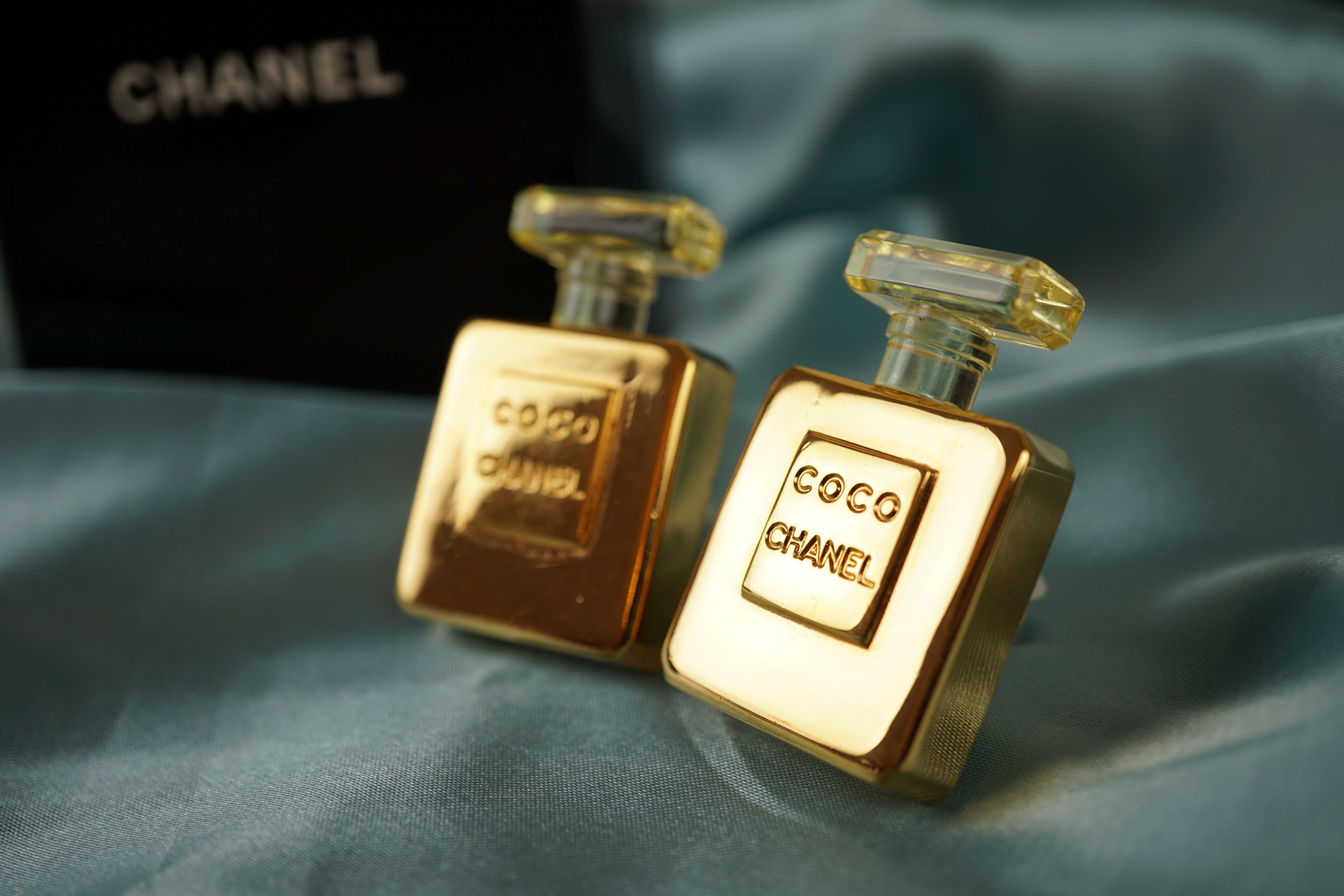 Coco No 5 Perfume Bottle Earrings Gold Metal