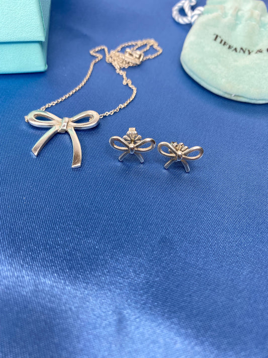 Tiffany Bow Ear Stud and Necklace Sets Silver