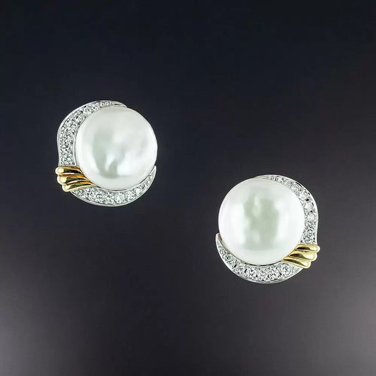 Mikimoto Pearl Diamond 18k White & Yellow Gold Earrings