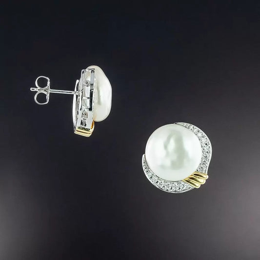 Mikimoto Pearl Diamond 18k White & Yellow Gold Earrings
